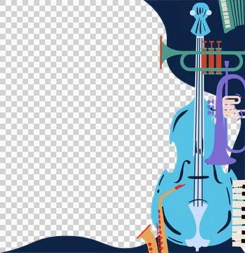 Showing flat instruments on right with cello, trumpets, saxophone, piano keys, Stock Illustration
