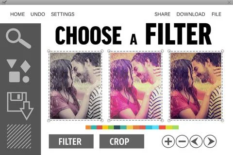 Showing flat interface on transparent background with 3 filter previews, couple 스톡 사진
