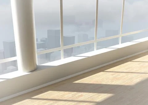 Showing flat interior featuring round white column, windows revealing misty Stock Photos