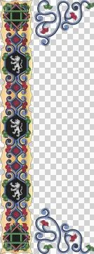 Showing flat medieval border merging gold band, lion shields, vines, motifs on Stock Illustration