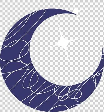 Showing flat navy-blue crescent moon featuring white swirls and two 4pt stars on Stock Illustration