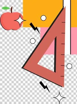 Showing flat red triangular ruler leaning over yellow panels with apple on Stock Illustration
