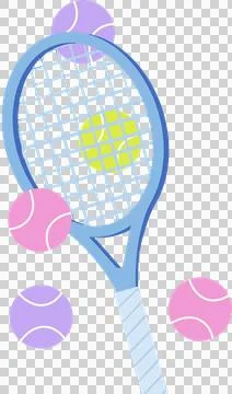Showing flat tennis racket with light blue frame, floating pastel balls on Stock Illustration