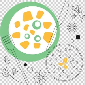Showing flat top-down meal with green-rimmed plate, utensils, seed bowl, Stock Illustration