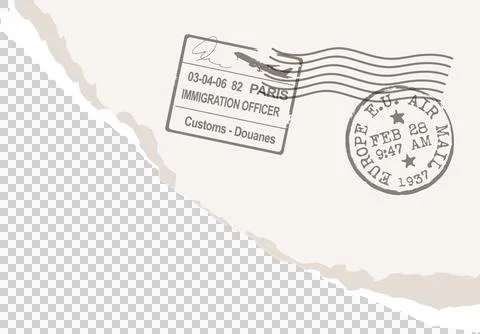 Showing flat torn paper corner with EU Air Mail and Paris customs stamps, Stockillustratie