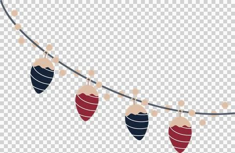 Showing flat vector garland hanging ivory bulbs and striped pinecone ornaments Stock Illustration