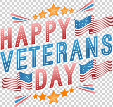 Showing flat vector HAPPY VETERANS DAY with flags gold stars and confetti on Stock Illustration