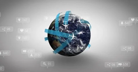 Showing flight paths wrapping central globe in digital environment, with plane Stock Illustration