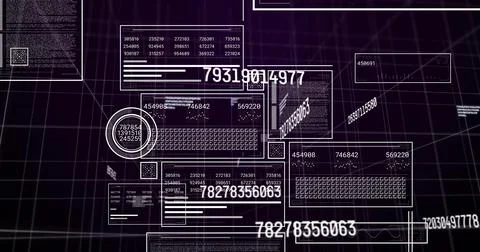 Showing floating data panels and big numeric overlays across 3D grid, featuring Illustrazione stock