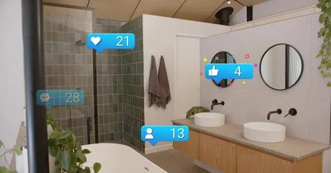 Showing floating double-sink vanity with two round mirrors and vessel sinks in Stock Photos
