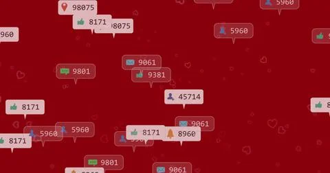 Showing floating notification bubbles on red interface, highlighting like Foto stock