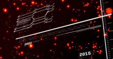 Showing floating UI in virtual space featuring timeline bar, code strips, Stock Illustration