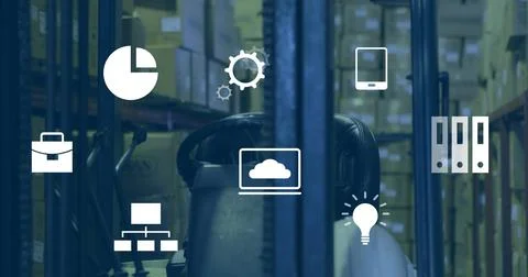 Showing forklift operator area centering in warehouse aisle, with wheel, Foto stock