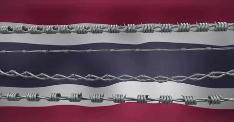 Showing four barbed-wire strands running over five-stripe fabric backdrop, with Stock Photos