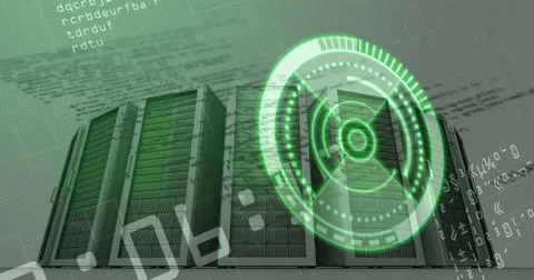 Showing four perforated server racks streaming code in data center, with green Foto stock