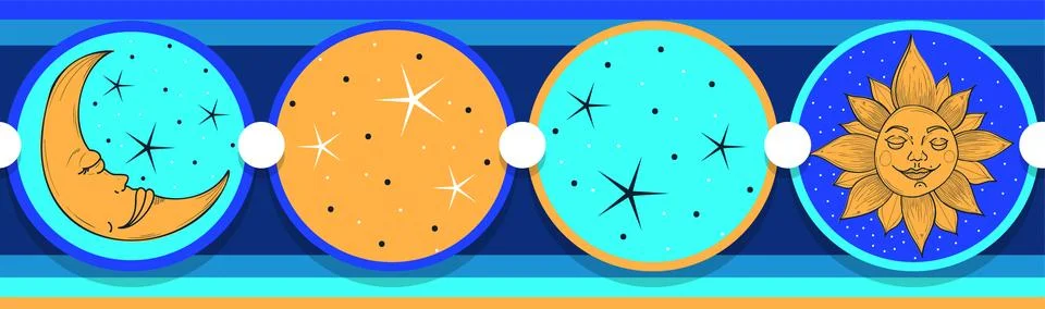 Showing four vector icons featuring moon stars sun joining by white discs, Stock Illustration