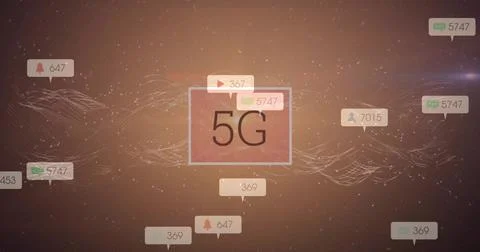 Showing framed 5G label centered in digital network, with notification bubble Stock Illustration