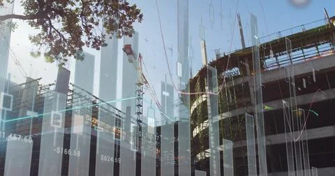 Showing framework with tower cranes and scaffold at construction zone with data Foto stock