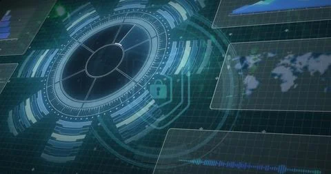 Showing futuristic dashboard interface on grid background, with circular HUD, Stock Photos