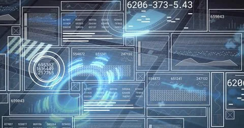 Showing futuristic data dashboard with data panels glowing on dark background, Stock Illustration