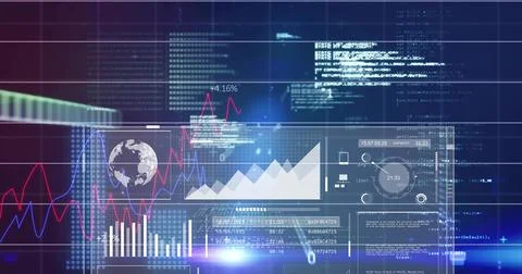 Showing glass panel in digital interface with globe, ascending chart, red or Stock Photos