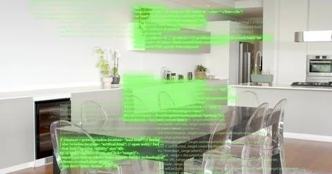 Showing glass table with six clear acrylic chairs casting neon AR code overlay Stock Photos