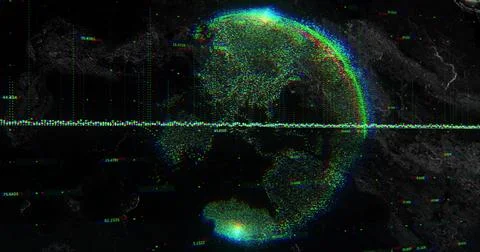 Showing glitching digital globe in virtual interface, with data band and Stock Photos