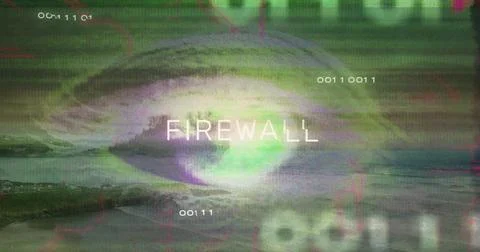 Showing glitching FIREWALL text flickering on simulated security interface, with 写真素材