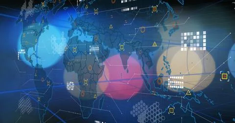 Showing global map in data hub with network lines connecting colored circles, Foto stock