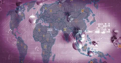Showing global map overlay pulsing in digital infographic, with spheres, lines, Stock Illustration