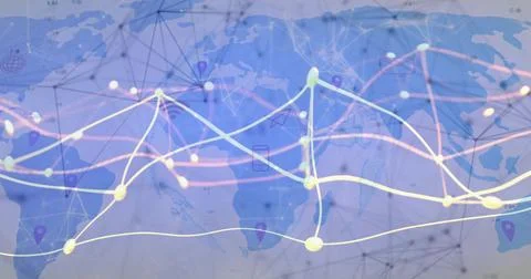Showing global network map pulsing on data map, with glowing nodes, lines, pin Stock Illustration