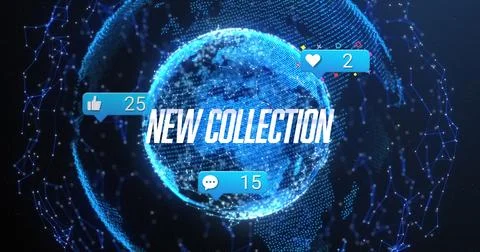 Showing globe floating in network backdrop, showing NEW COLLECTION and feedback Illustrazione stock
