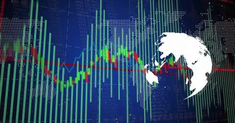 Showing globe on right of screen with candlestick bars, red trend line, code Stock Illustration