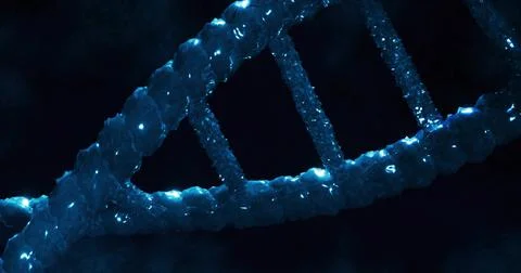 Showing glowing blue DNA double helix twisting diagonally across molecular Illustrazione stock