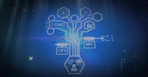Showing glowing circuit tree linking user hexagon to server, 24 or 7, CIFS, NFC, Stock Illustration