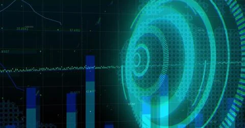 Showing glowing concentric circular interface pulsing on digital panel, with bar Stock Illustration
