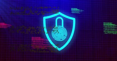 Showing glowing cyan shield with padlock and fingerprint target in virtual UI, Stock Illustration