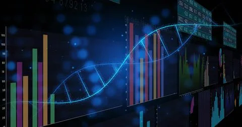 Showing glowing DNA helix on data dashboard, with multicolored charts tables and Illustrazione stock