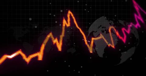 Showing glowing jagged line chart shifting orange to pink on grid, with global Stock Illustration
