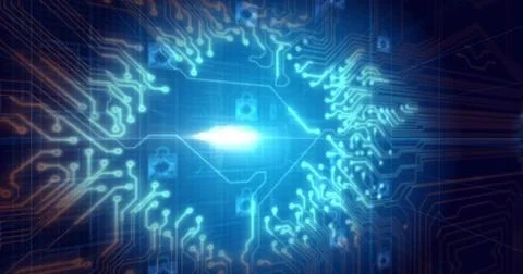Showing glowing light lighting circuit board in network space with padlock Stock Illustration