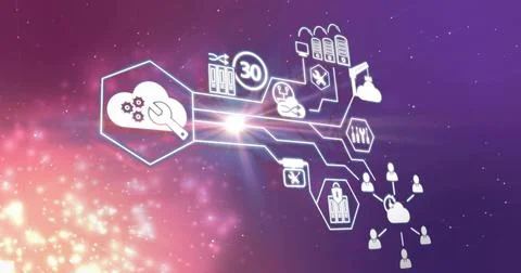 Showing glowing network diagram centered on purple gradient with hex panel, Stock Illustration