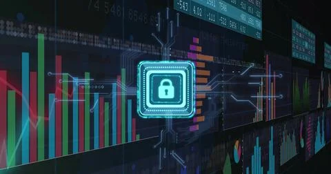 Showing glowing padlock chip radiating circuit traces on data dashboard, with Stock Illustration