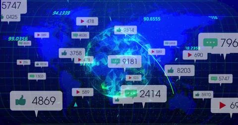 Showing glowing polygonal globe on virtual dashboard with grid lines, metric Stock Photos