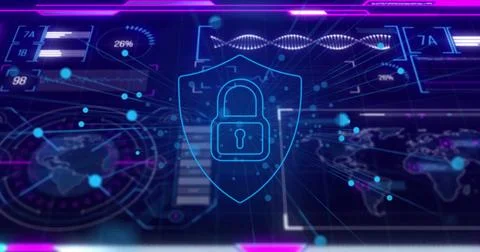 Showing glowing shield with padlock icon on security dashboard with maps globe Stock Photos