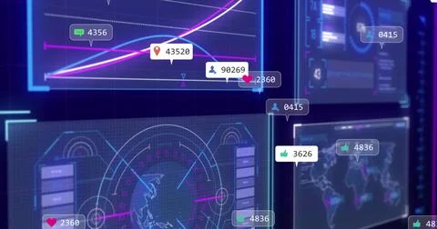 Showing glowing UI panels on dark blue screen, displaying trend graph, radar, 스톡 일러스트