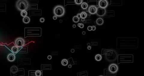 Showing glowing user avatar node cluster linking with chat bubbles on black イラスト素材