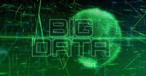 Showing glowing wireframe globe with BIG DATA text on data interface with grid イラスト素材