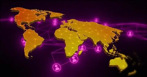 Showing gold world map with triangular mesh nodes and neon-linked magenta user Stock Illustration