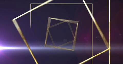 Showing golden cube rotating in gradient field with golden frames and lens flare 库存照片