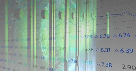 Showing graph in dashboard with bars, globe mesh, numeric delta overlays and Foto stock